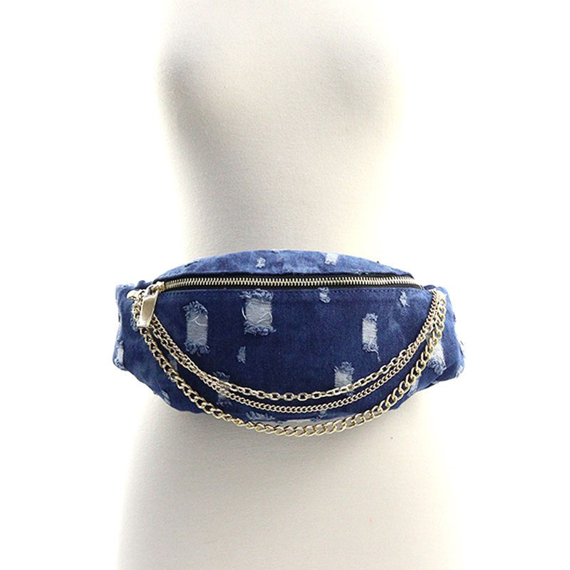 Distressed Denim Fanny Pack w/Chain - Triple-CBoutique