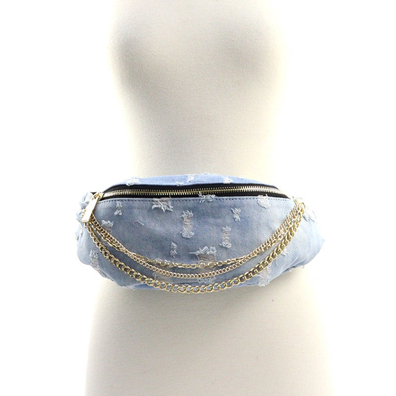 Distressed Denim Fanny Pack w/Chain - Triple-CBoutique